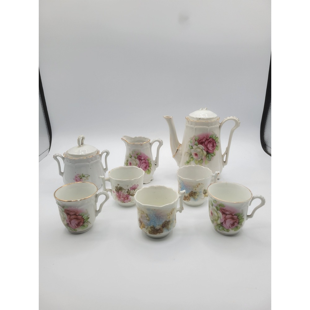 Vintage Miniature Porcelain Tea Set Floral Rose Gold Trim 7 Piece Set Fair